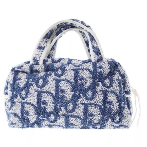 DIOR Blue Terry Cloth Bag Trotter Monogram Diorissimo Boston Cosmetic Pouch - Picture 3 of 16